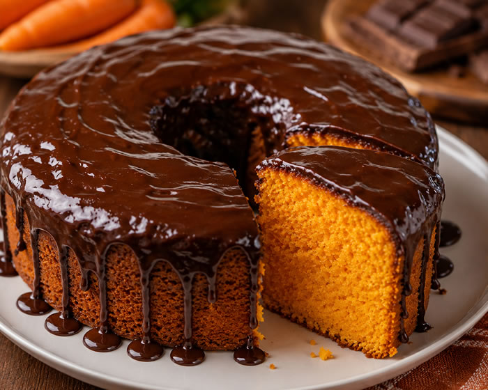 Bolo de Cenoura com cobertura de chocolaate | Receita fácil de bolo de cenoura