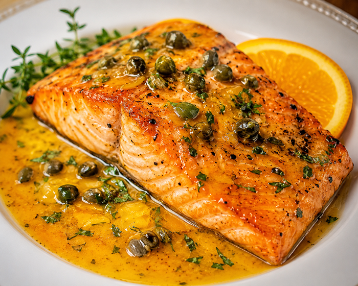 Salmão assado com molho de laranja e ervas finas | Receita fácil de salmão assado